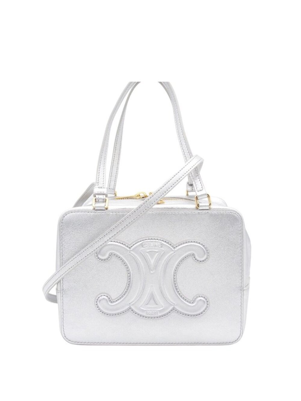 Celine Cuir Triomphe Fold Cube Metallic Silver Leather 2-Way Shoulder Bag